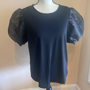 ADRIANNA PAPELL Size M Black Top Organza Look  Puffy Short Sleeves NWT